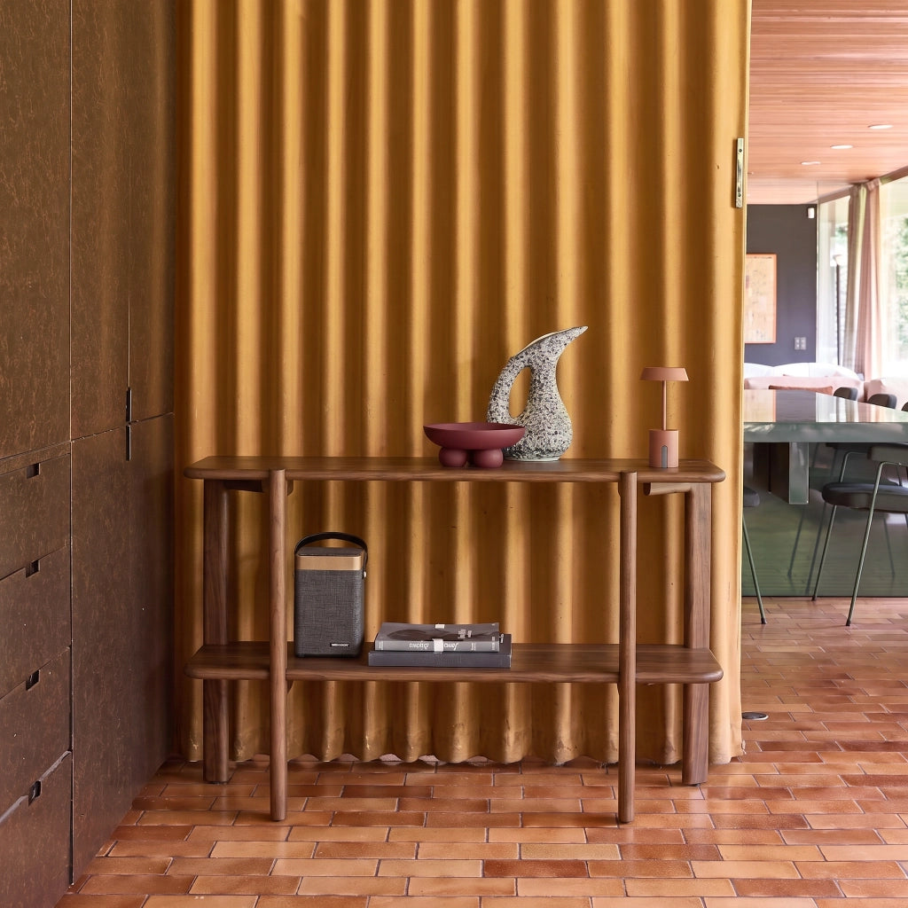 Consolle esotica in legno di acacia con 1 ripiano, noce