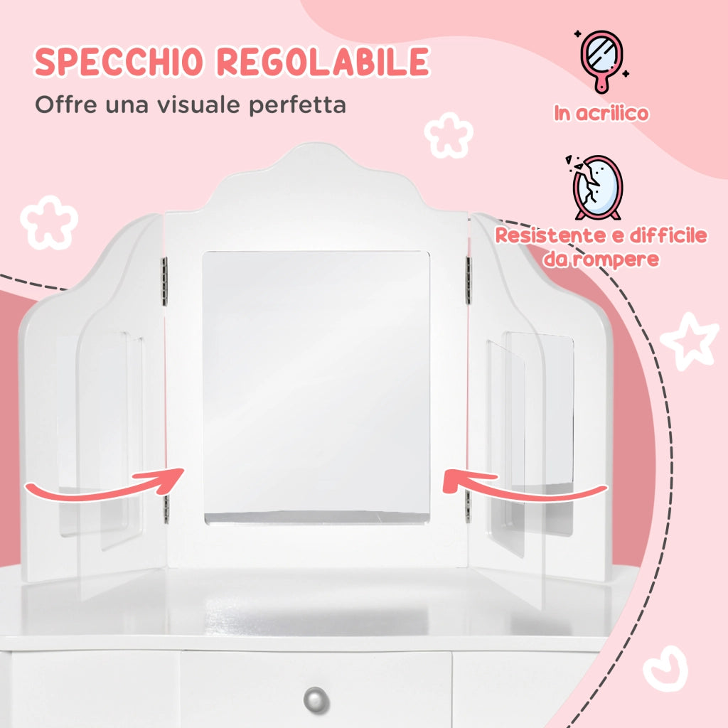 Tavolo da trucco bambini con sgabello e specchio ¨C Minimal ¨C Legno e acrilico bianco 63x40x85.5