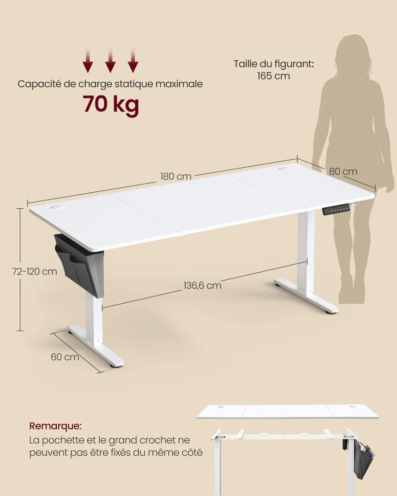 Scrivania elettrica regolabile in altezza 60 x 120 cm 4 posizioni di memoria tasca portaoggetti bianca 12_0004586