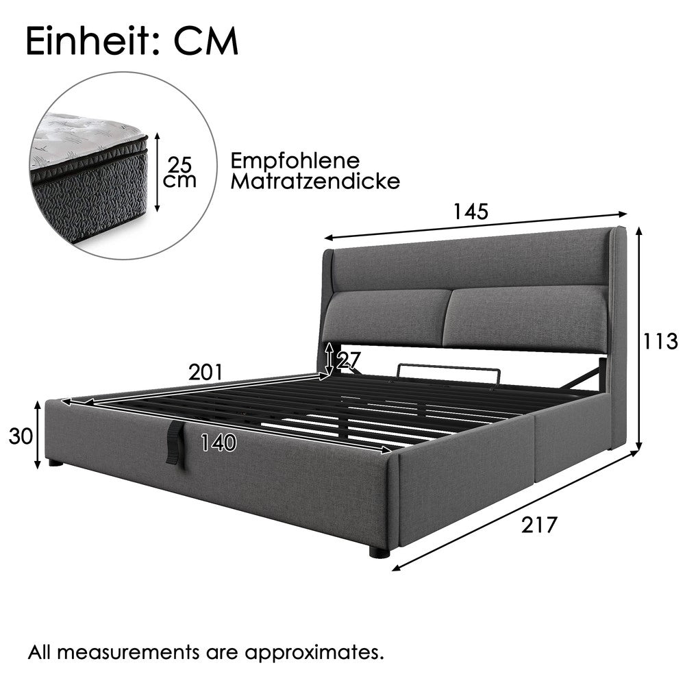 Letto Contenitore Imbottito 140x200 ¨C MINIMAL ¨C Grigio, Tessuto Lino, Metallo, Idraulico, Testiera Regolabile