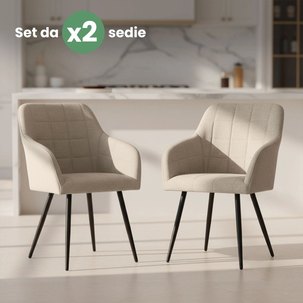 Set di 2 Sedie imbottite con cuciture quadrate LUXANO Beige gambe nere tessuto Lumos