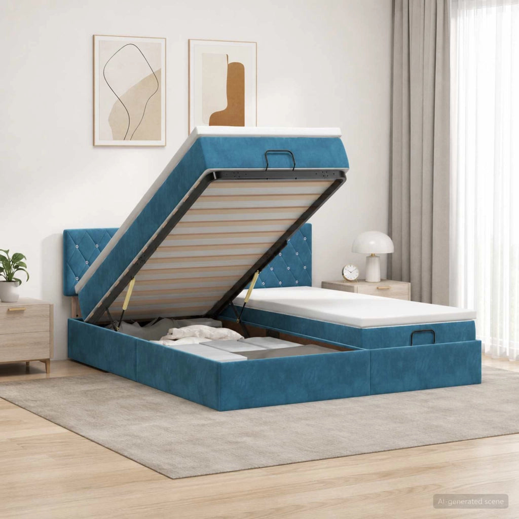 Letto ottomano con materasso 2 pcs Blu Scuro Velluto 3456736