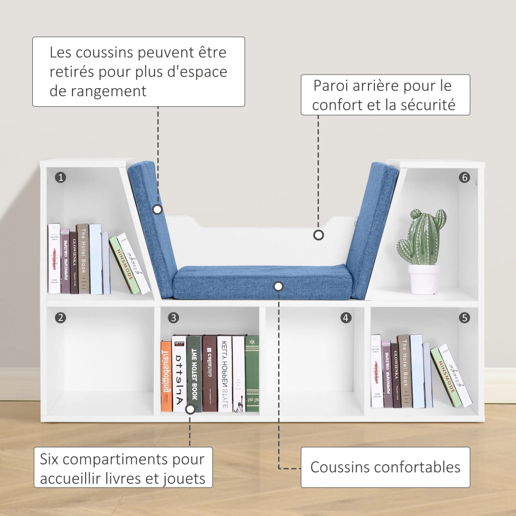 Libreria panca 2 in 1 con cuscini seduta ¨C Xylo ¨C 6 scomparti aperti legno blu 102x30x61cm