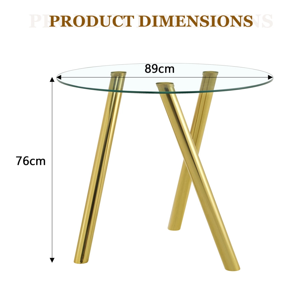 Tavolo da Pranzo Rotondo ¨C MINIMAL ¨C Vetro Temperato, Gambe in Metallo Oro, ?89 cm