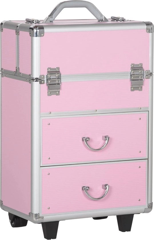 Carrello di Trucco con Maniglia Regolabile e Molte Scatole - Rosa