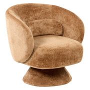 Poltrona girevole con seduta in ciniglia marrone dorato senza braccioli con cuscino, schienale rotondo, gambe in metallo, stile retrò