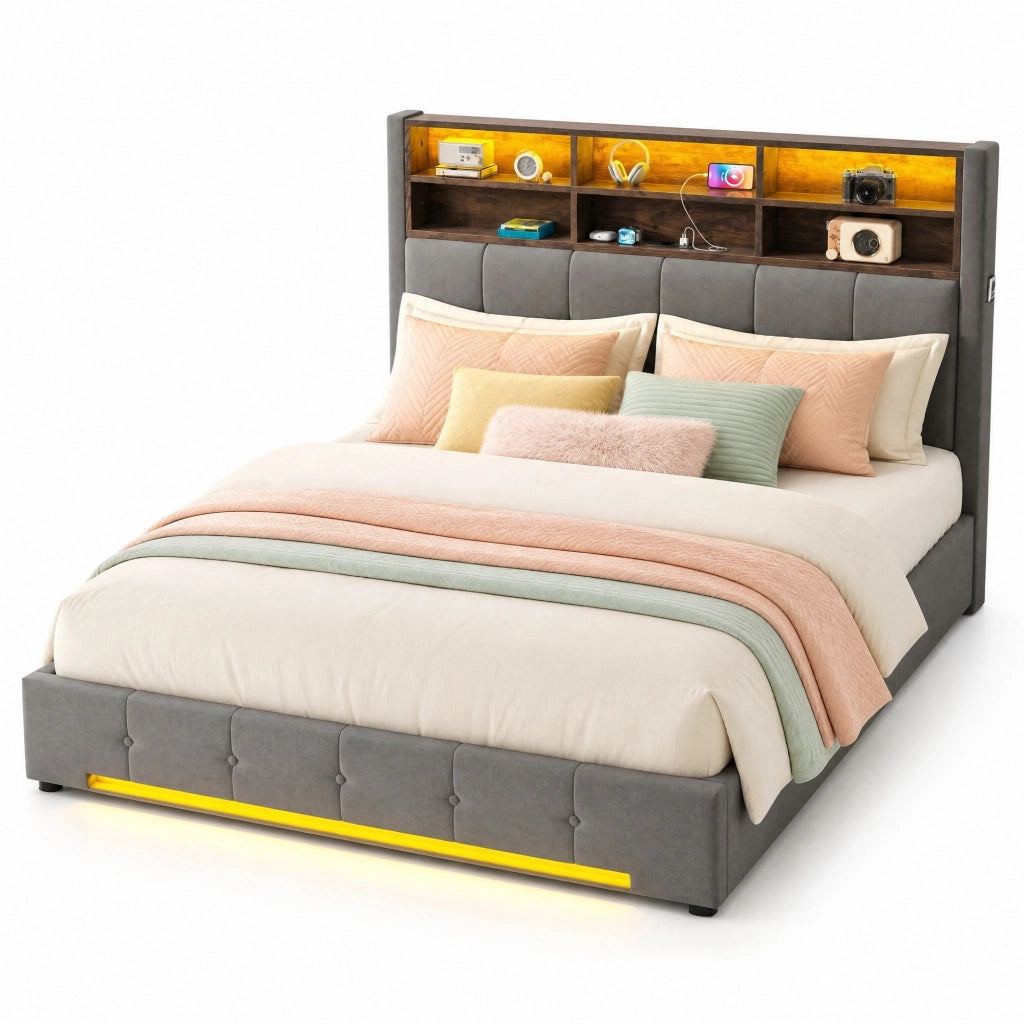Letto matrimoniale 160x200 cm in velluto grigio scuro con testiera multifunzione, LED, USB-C e contenitore idraulico