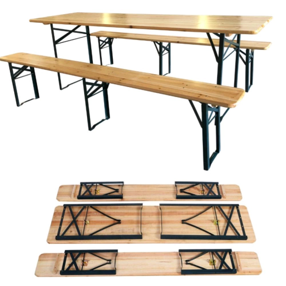 Set Birreria Tavolo + 2 Panche 70x220 in Legno Naturale Richiudibile Salvaspazio
