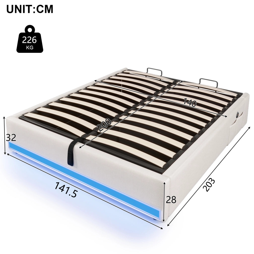 LETTO Imbottito 140x200 cm Beige in Lino con LED, USB e Type-C