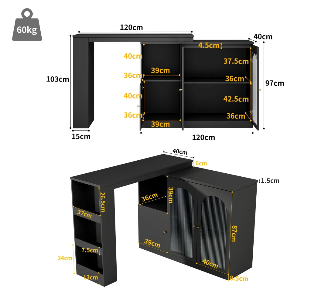 Mobile bar girevole a 360° con ante in vetro; MDF nero