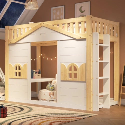 Letto a castello casetta per bambini 90x200 cm LEMONMAX, con finestra, scala reversibile e angolo giochi, legno di pino e MDF, bianco e naturale