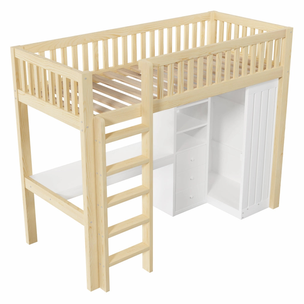 Letto a soppalco singolo 90×200 cm con scrivania; armadio; 3 cassetti e scale; senza materasso; pino; naturale