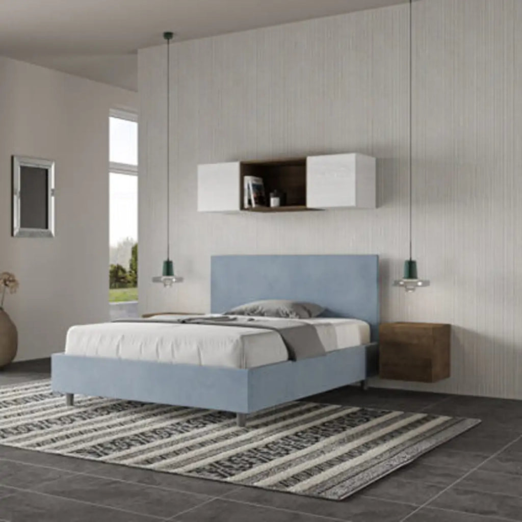 Letto matrimoniale francese con rete imbottito 140x190 microfibra azzurro Adele