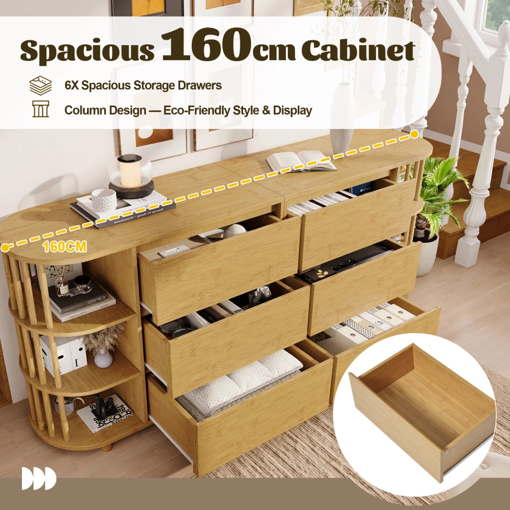 Credenza con 6 Cassetti e Ripiani Aperti Piedini Regolabili per Soggiorno in MDF e Bambù 160 x 40 x 75 cm Rovere