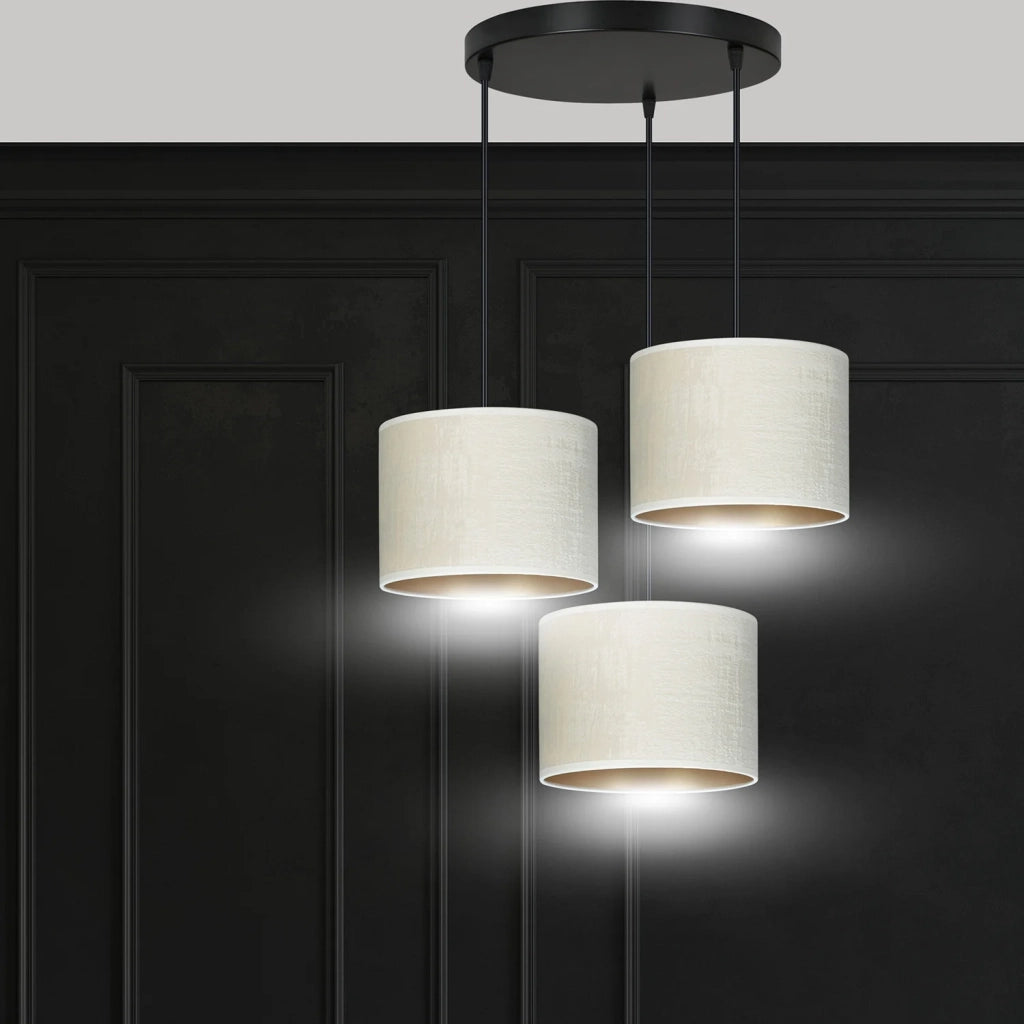 Lampadario Tondo 3 Luci Ganesha In Acciaio Nero E Paralumi In Tessuto Beige