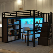 DESMIU Letto a soppalco matrimoniale con scrivania, mensole, gradini contenitore e LED regolabile 140 × 200 cm, senza materasso