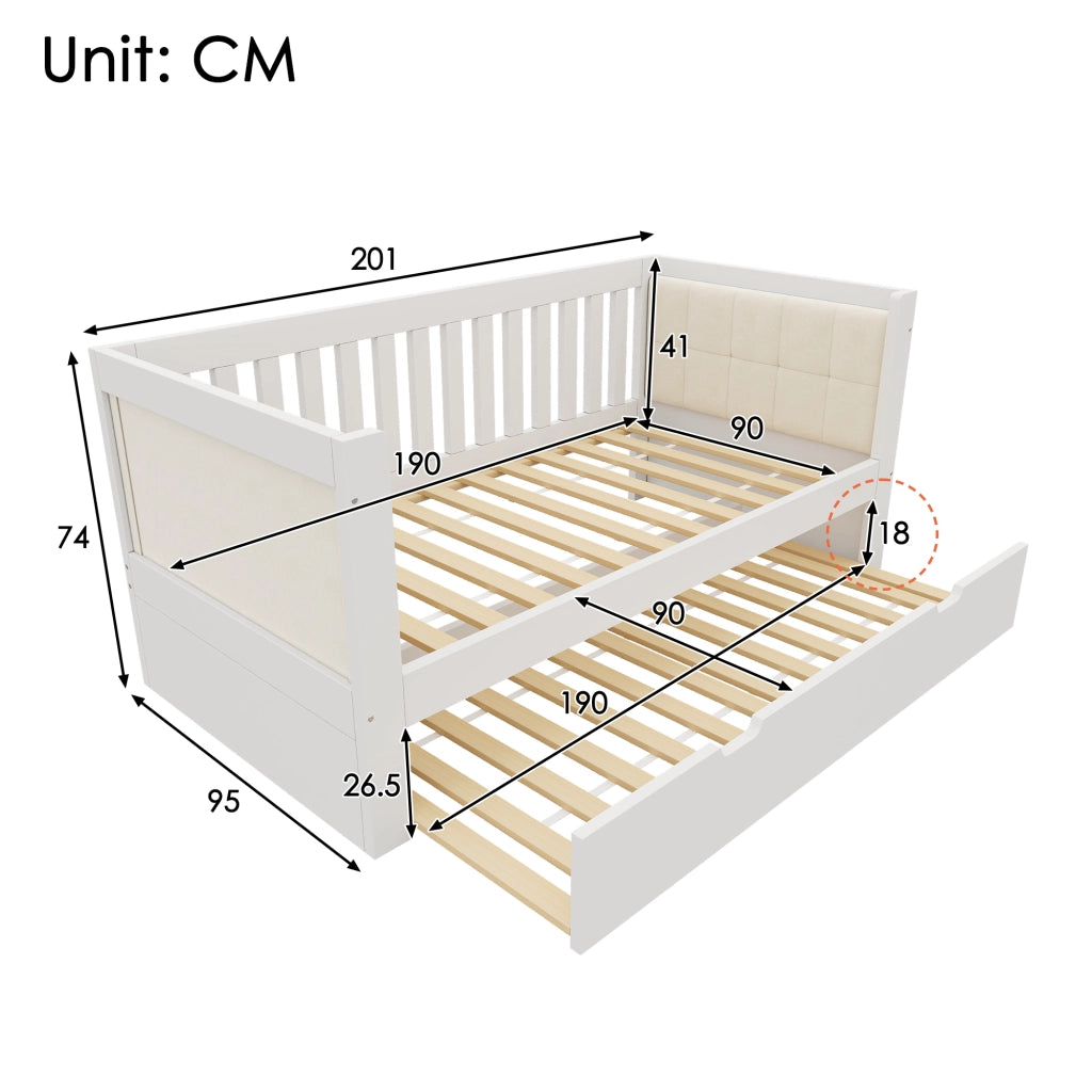 DESMIU Divano letto 90 × 200 cm e 90 × 190 cm 1 posto con letto estraibile, senza materasso, in legno, bianco
