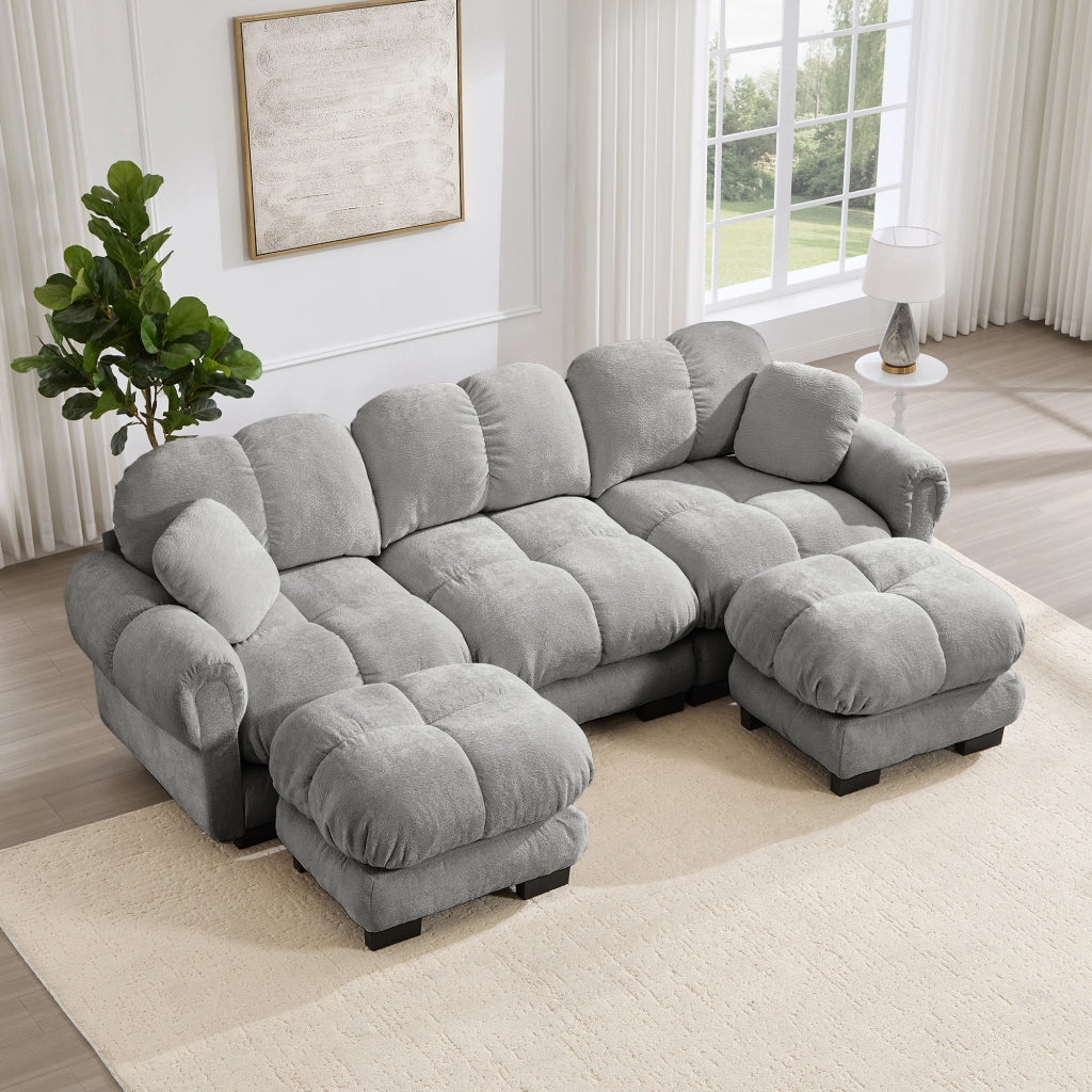 Divano panoramico a U 3 posti con pouf mobile e 2 cuscini, Chenille, Grigio chiaro
