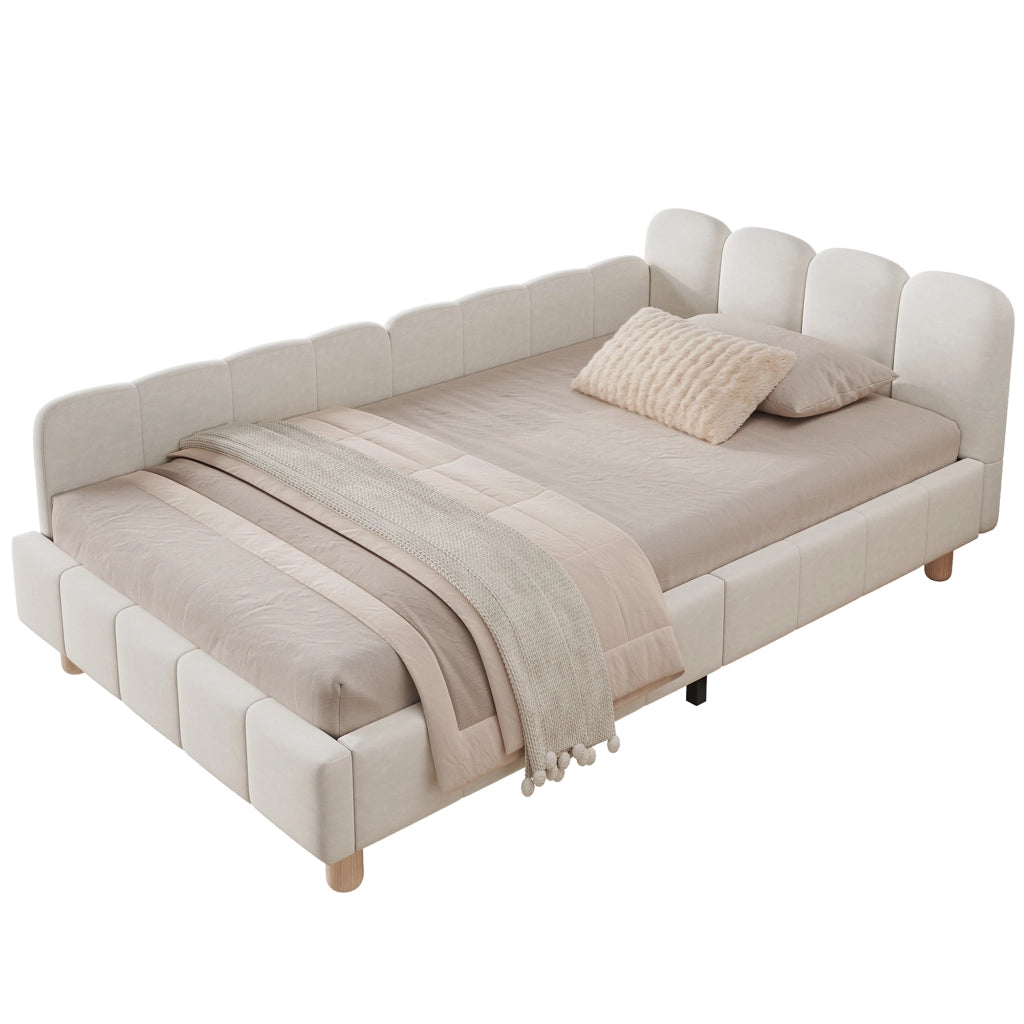 Letto divano per bambini 90x200 cm imbottito con testiera; sponda anticaduta e piedi in legno massello; velluto beige