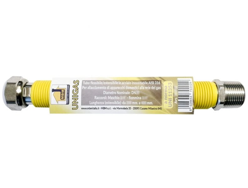 Tubo flessibile gas  estensibile INOX 1/2"M 3/4''F  75 / 130 mm giallo inox norma UNI 11353