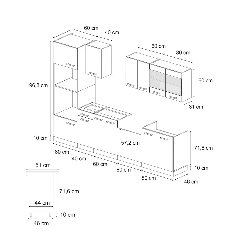 Cucina componibile R-Line Antracite lucido/Antracite 300 cm con armadio alto, PL Antracite Vicco
