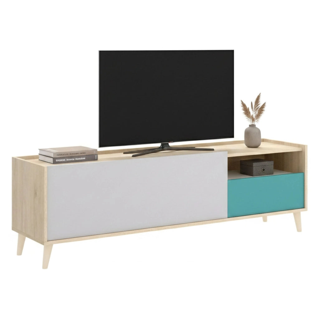 Mobile porta TV Axterix, Credenza bassa da soggiorno, Madia da salotto per televisione, 155x43h47 cm, Rovere e Bianco