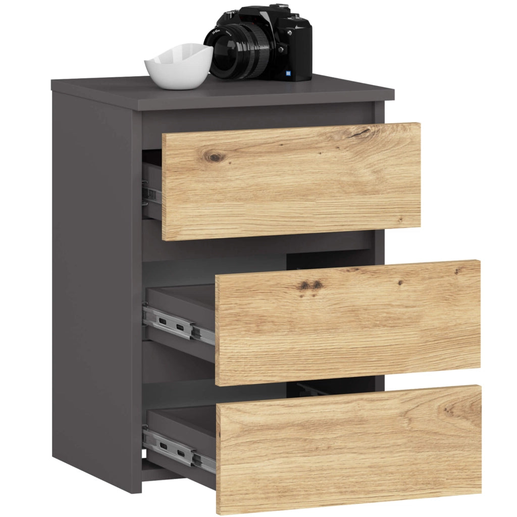 Comodino AKORD CL3 Grigia Grafite 40 cm 3 cassetti inserto frontale Quercia Artisan 40x35x57 cm