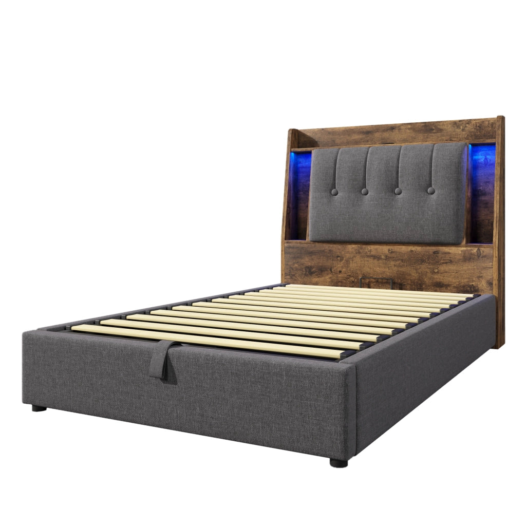 LETTO Imbottito 90x200 cm Grigio in lino e MDF con USB Type-C, LED e vani