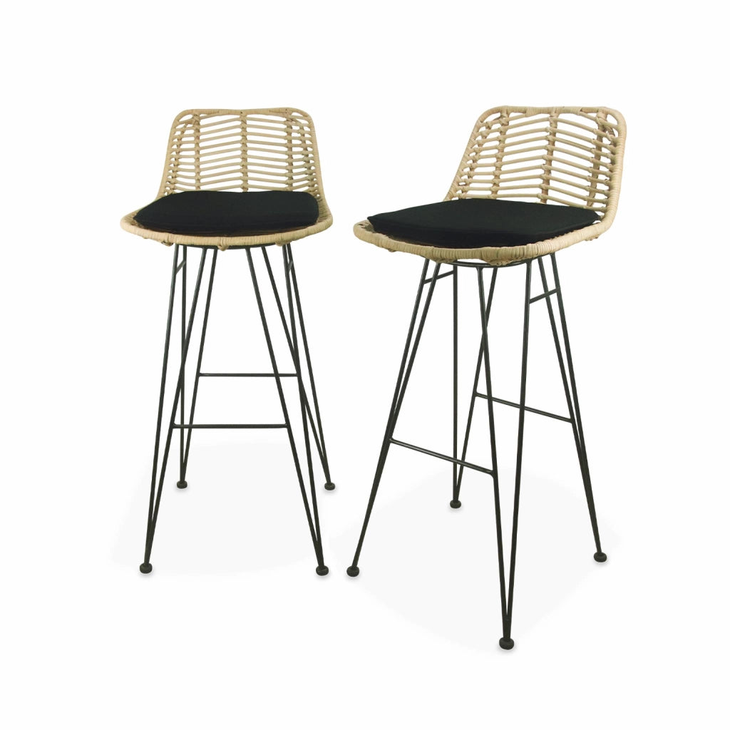 Set di 2 sgabelli da bar in metallo e rattan, nero