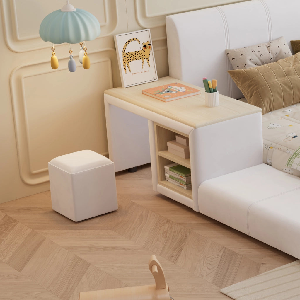 LETTO 140x200 cm in velluto bianco con scrivania, sgabello e ripiano