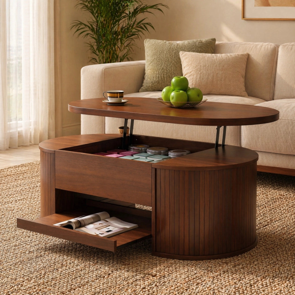 Tavolino da salotto sollevabile con spazio contenitivo e ripiano scorrevole per soggiorno, in MDF, noce naturale, 110 × 55,5 × 40 cm