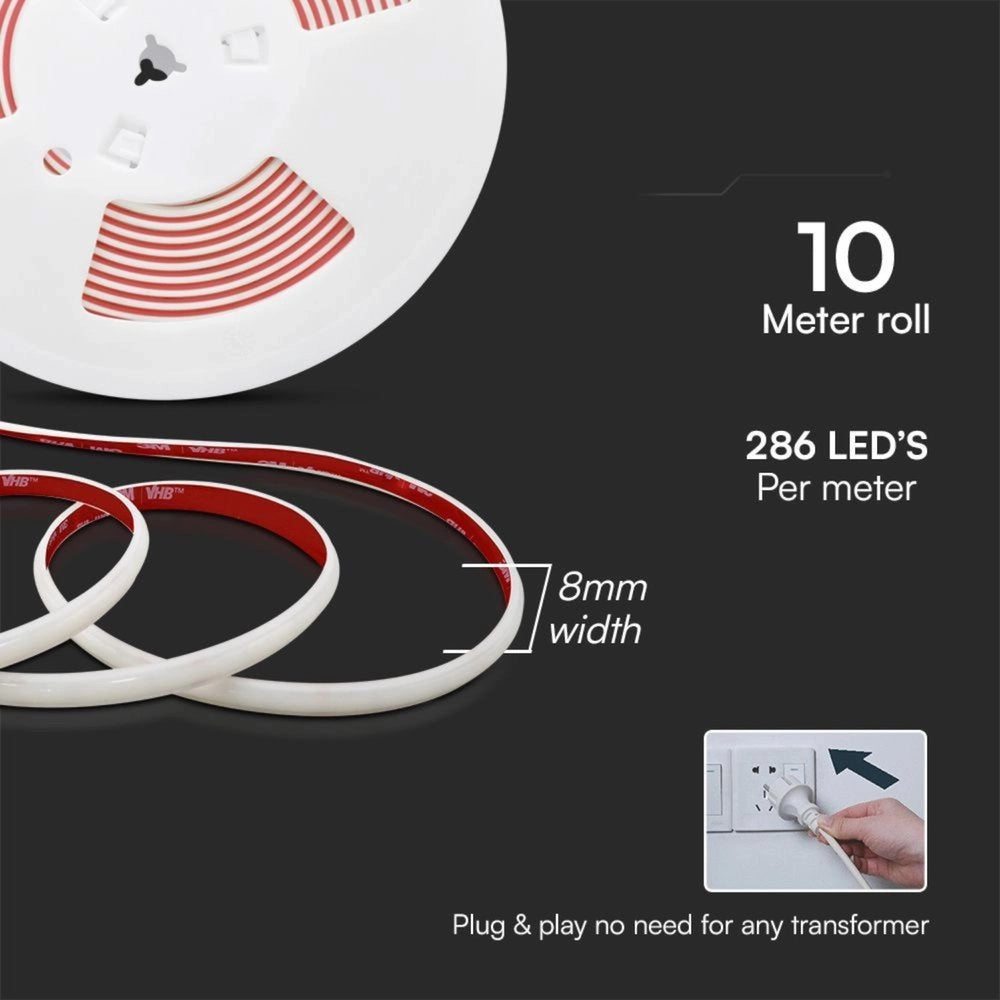 10m Striscia Led COB 220V Spina Schuko 16A COB 286 AC 220V 12.5W/M Bianco Caldo