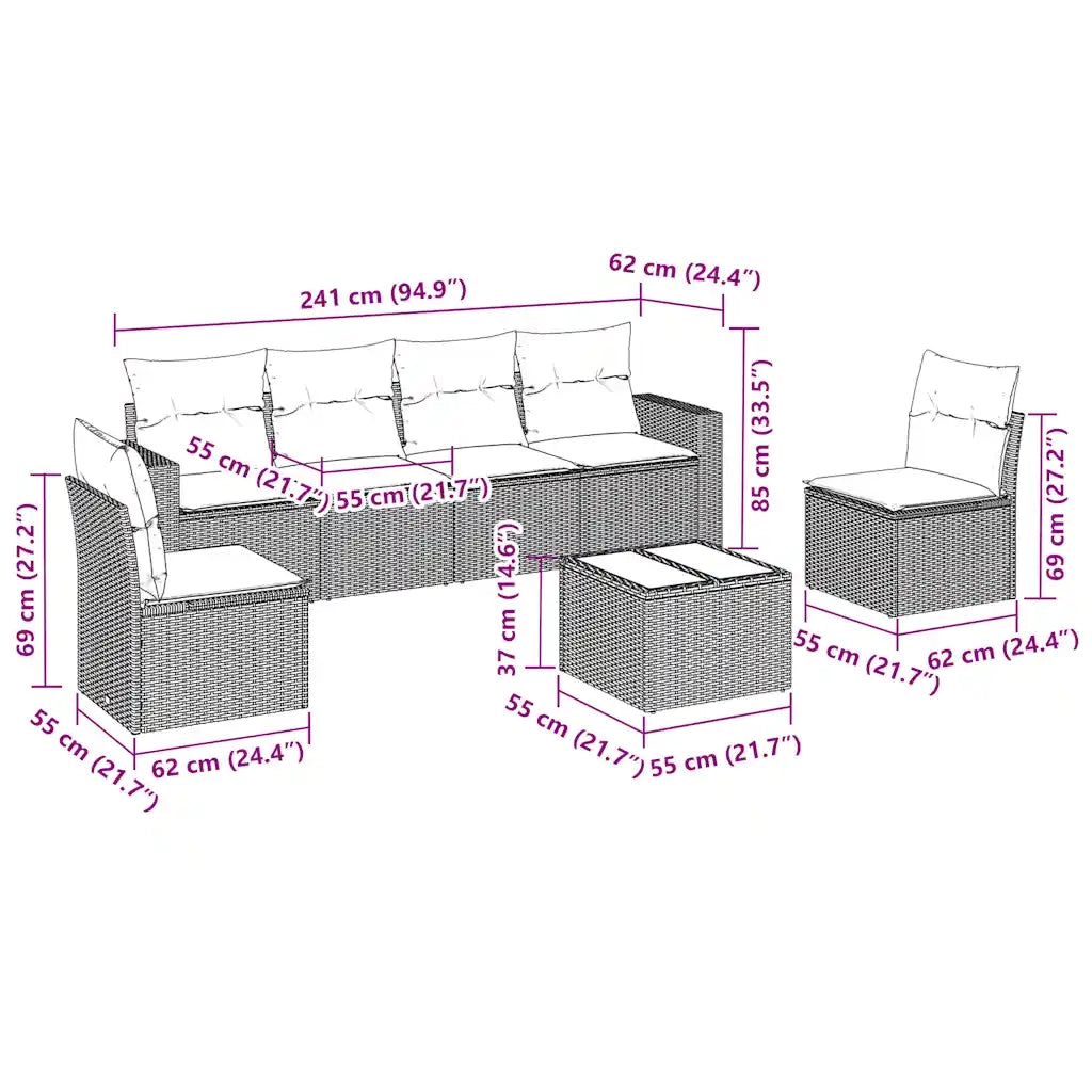 Set Divani da Giardino con Cuscini 7pz Nero Polyrattan