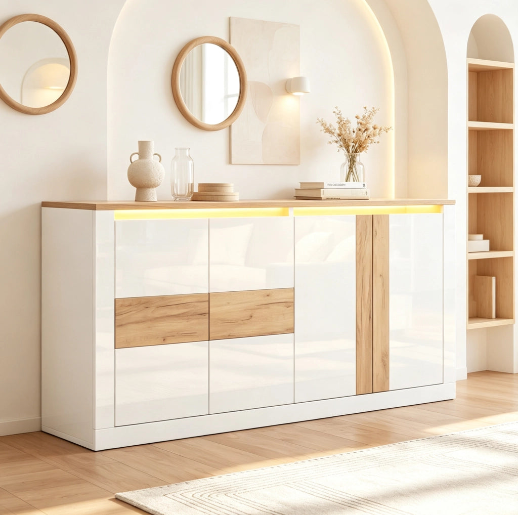 Sideboard moderno 140x35x70 cm in MDF con 4 porte e LED RGB; bianco e rovere naturale