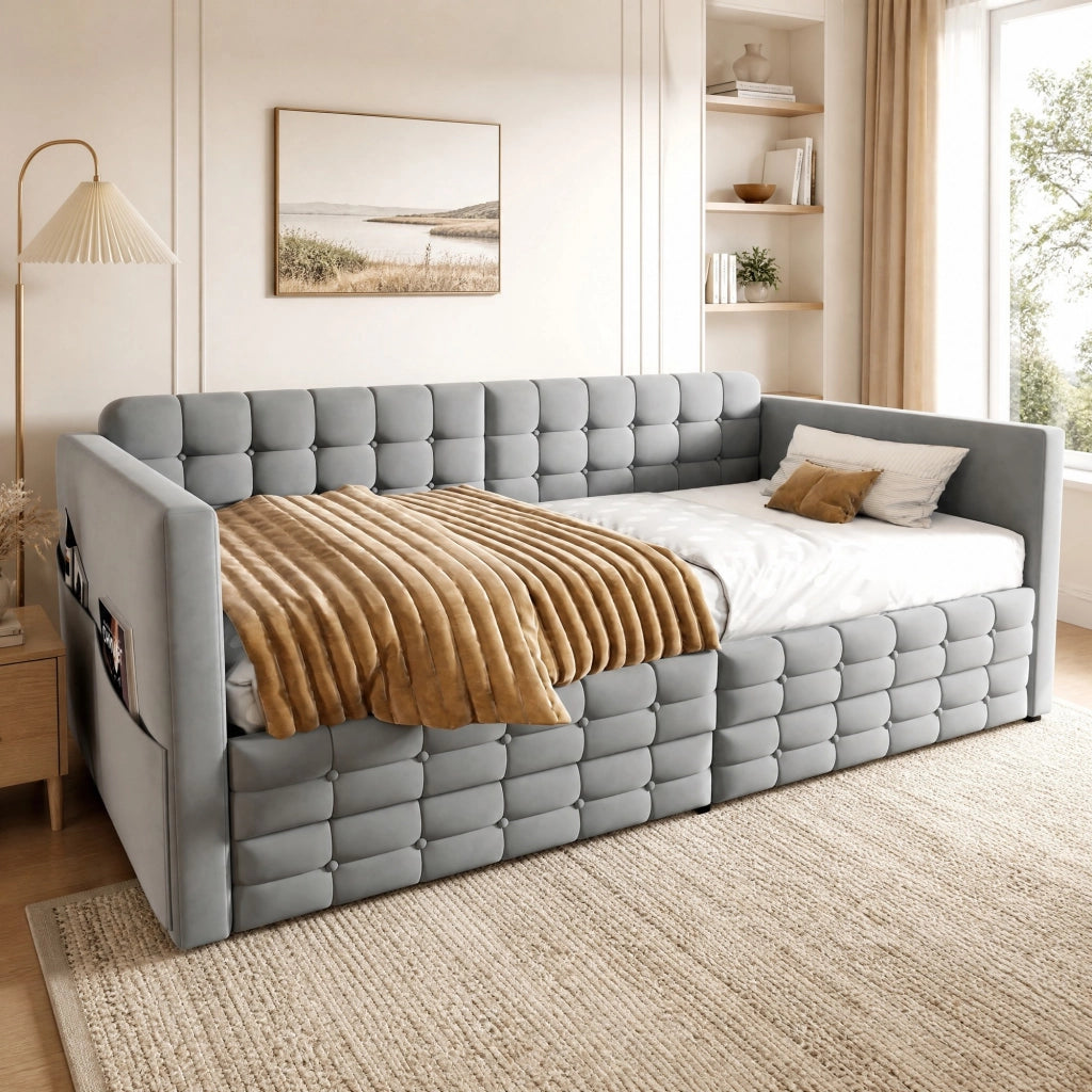 Letto imbottito singolo 90x190 cm in velluto grigio chiaro con 2 cassetti e tasche laterali