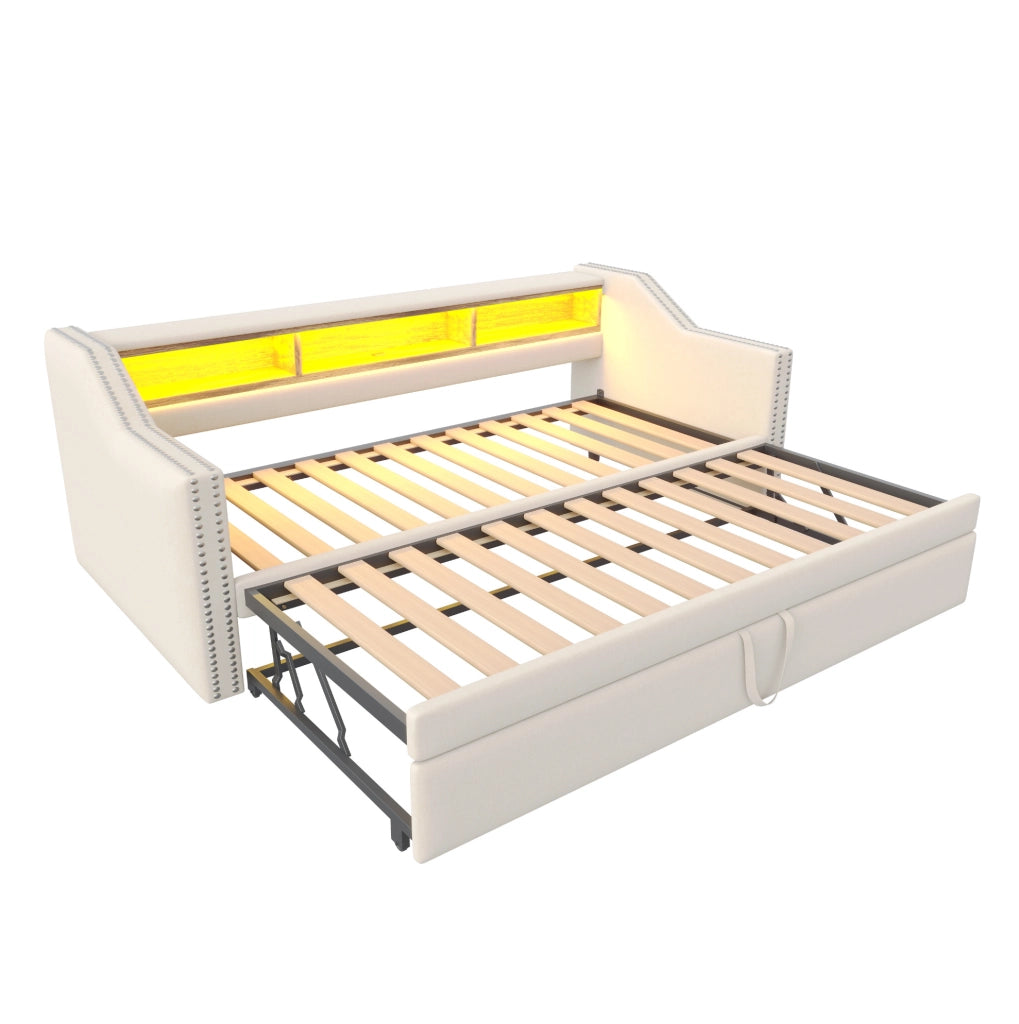 Divano letto estraibile imbottito 90/180x190 cm con USB, LED e vani laterali