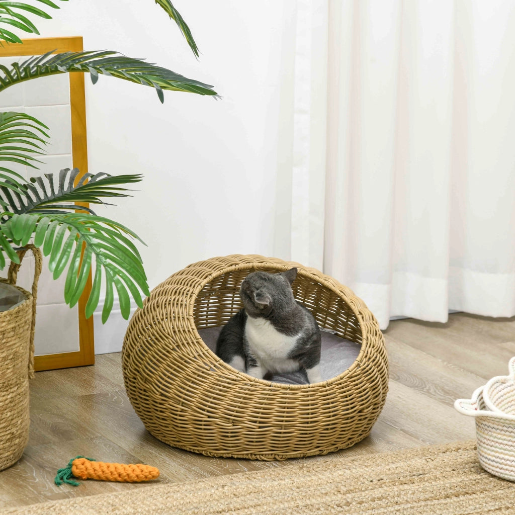 Cuccia per gatti con cuscino lavabile ¨C Xylo ¨C rattan sintetico beige chiaro ?50x31cm
