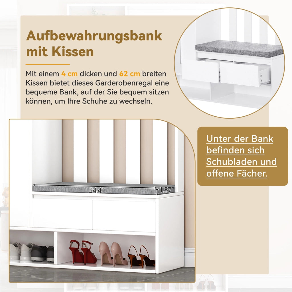 Scarpiera Panca Ingresso con Appendiabiti e Ganci ¨C MINIMAL ¨C Bianco, 4 Ganci, H180xL100xP35 cm