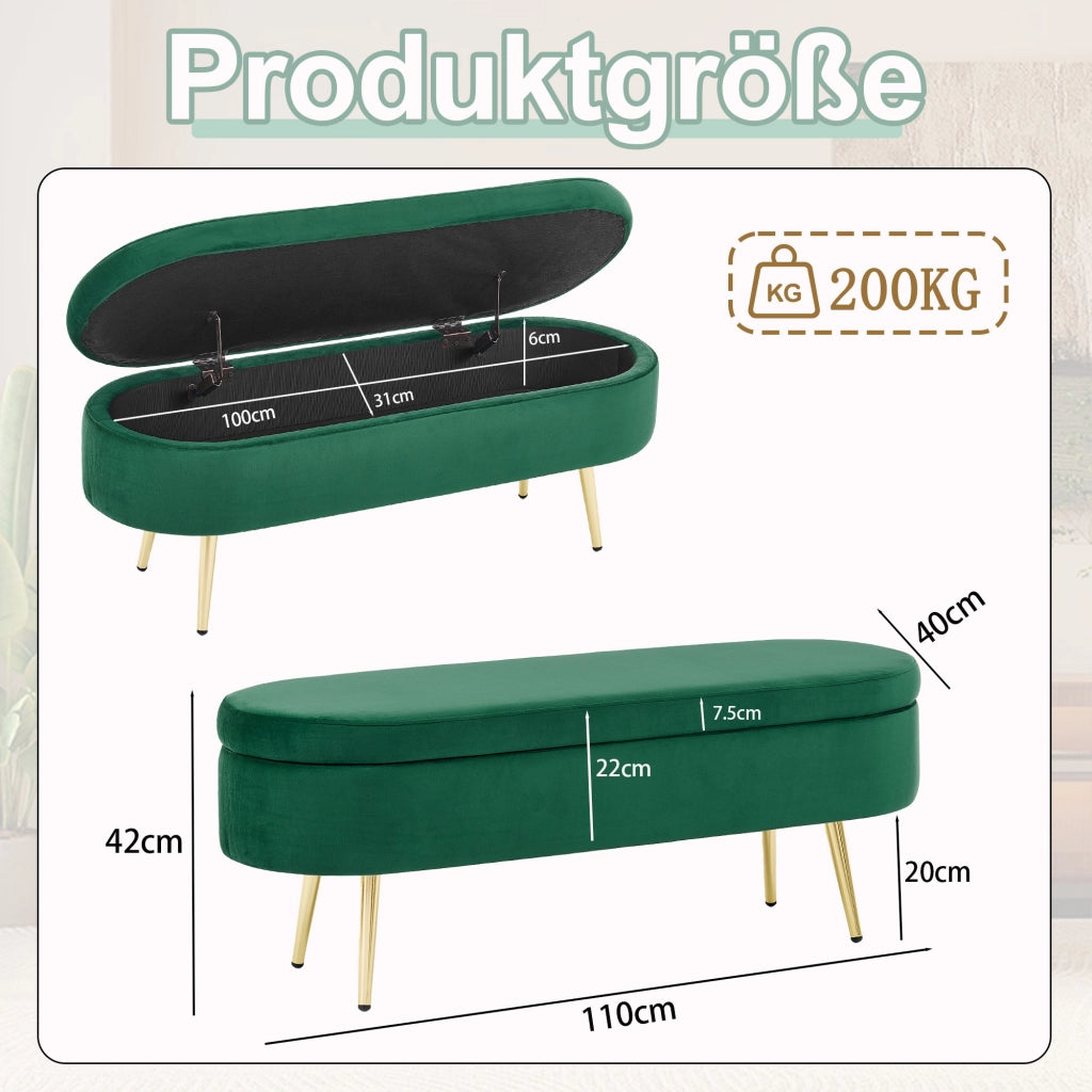 PANCA CONTENITORE 110x40x42 cm in velluto verde scuro