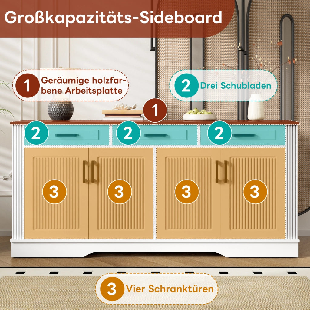 SIDEBOARD con 3 Cassetti e 4 Ante 160x40x75 cm MDF Bianco