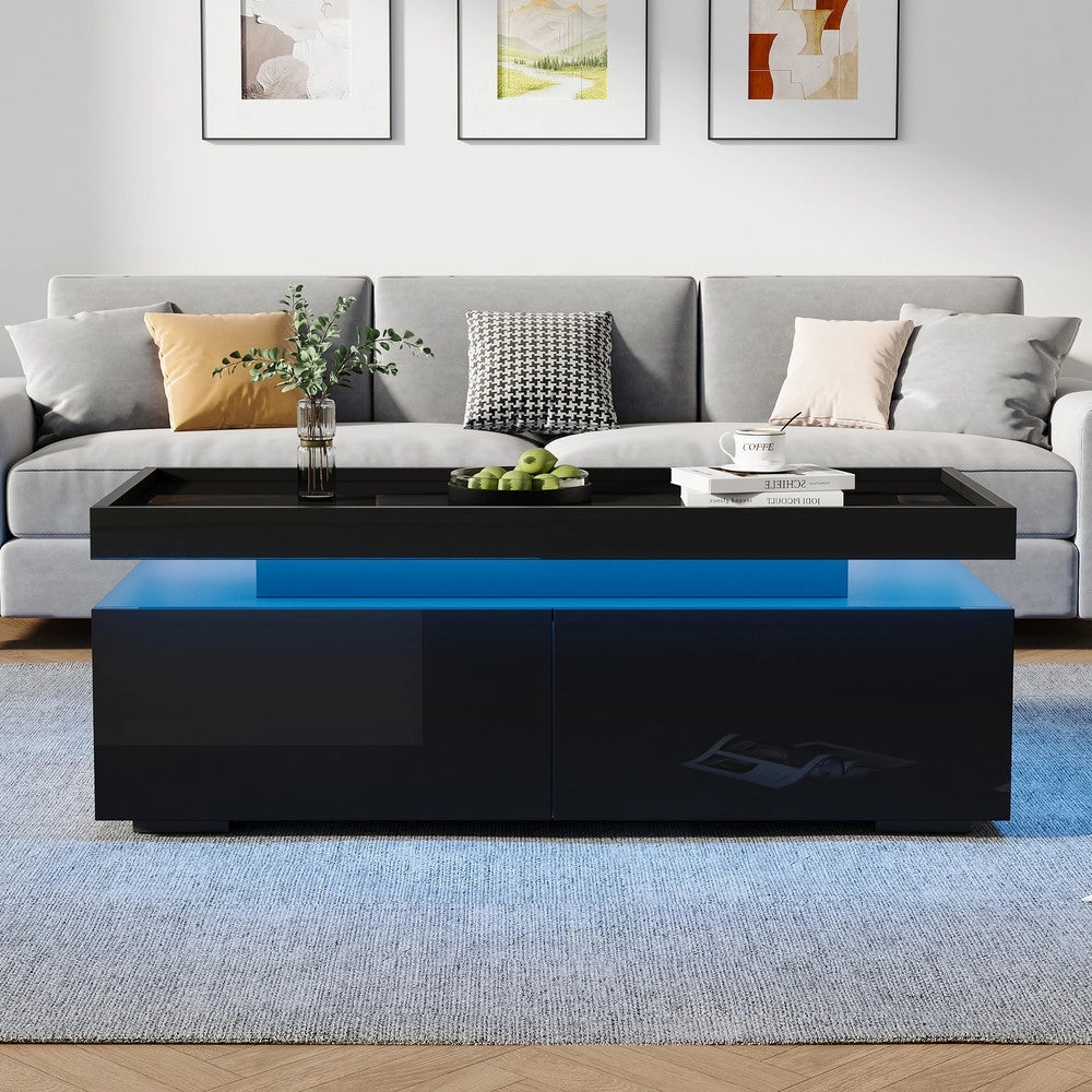 Tavolino da Caff¨¨ con LED e Cassetti ¨C MINIMAL ¨C Nero Lucido, Moderno, 95x45x35