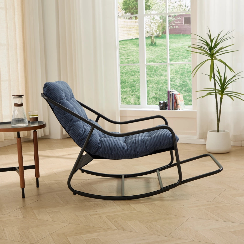 Sedia a Dondolo da Giardino Poltrona con Oscillazione Regolabile e Cuscino Spesso in Acciaio Blu Navy 75 × 116 × 82 cm