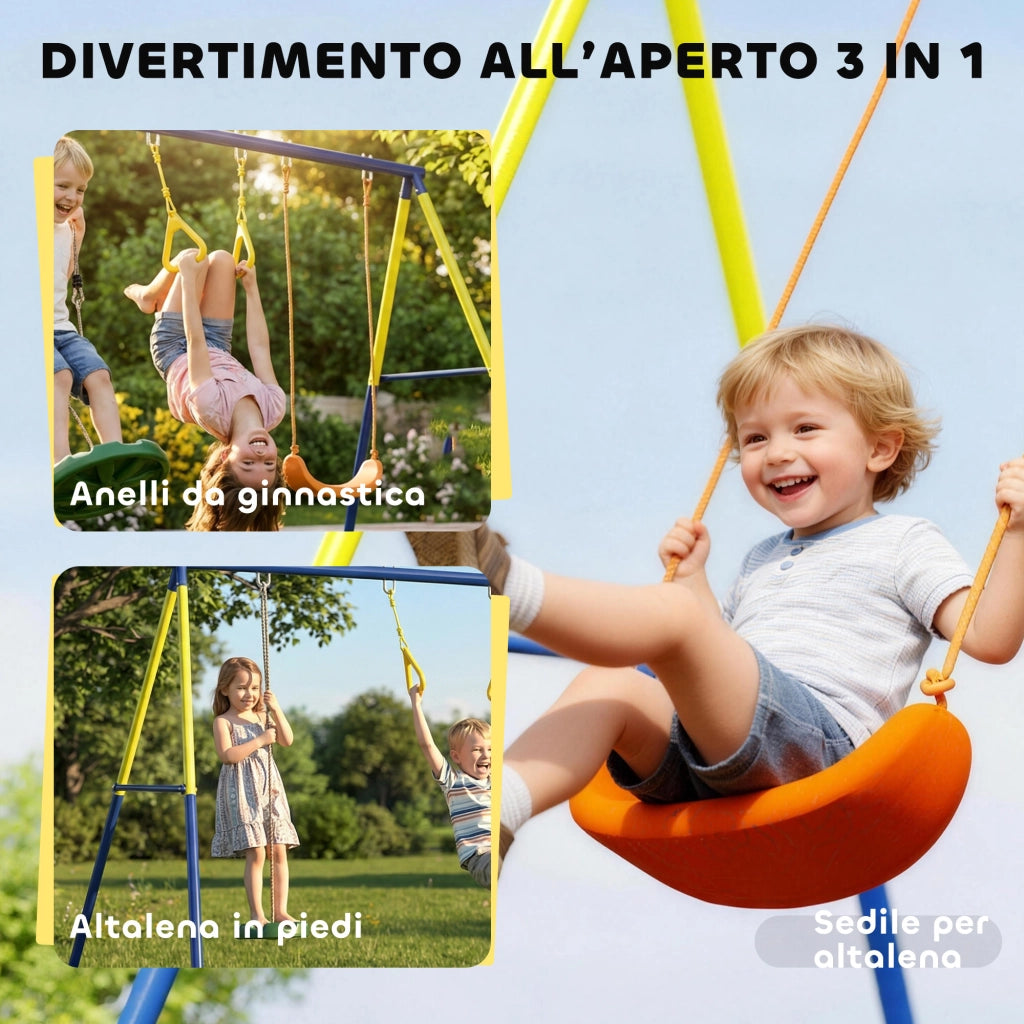 Altalena da Giardino 285x160x181 cm per Bambini 3 in 1 in Acciaio e PE Multicolore