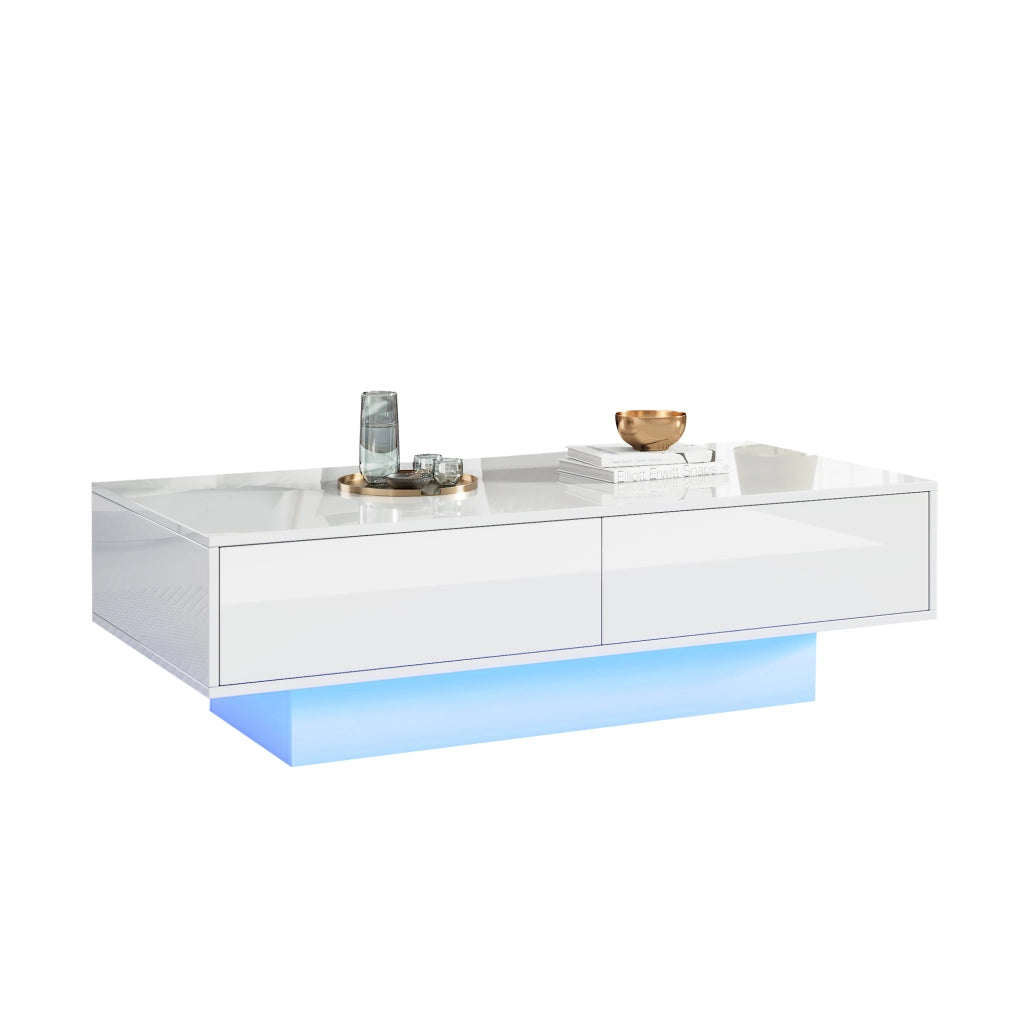 Tavolino da salotto moderno bianco lucido 115 x 55 x 34 cm con 2 cassetti, illuminazione LED e portata 30 kg