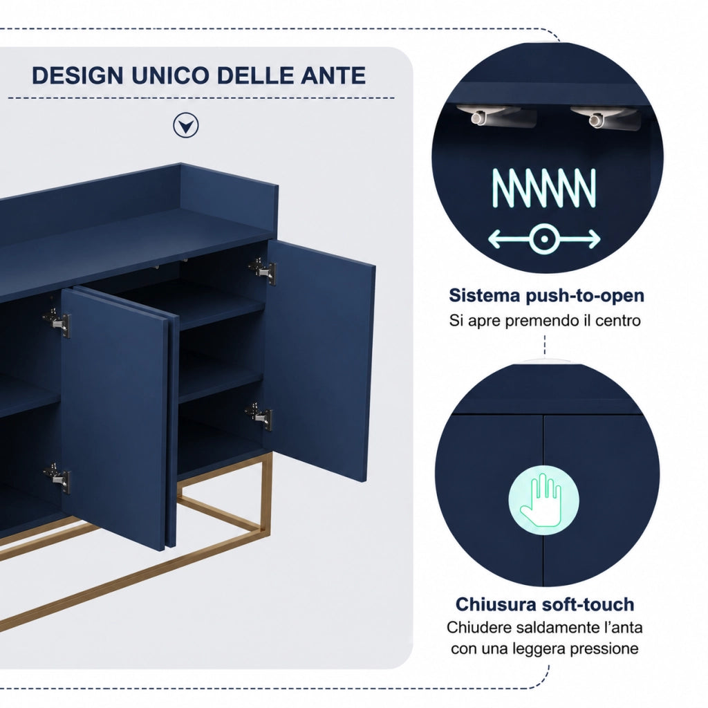 Credenza buffet 120cm blu marino, mobile soggiorno pannello di particelle con base metallo oro, 4 ante push‑to‑open, ripiani regolabili per sala da pranzo ingresso