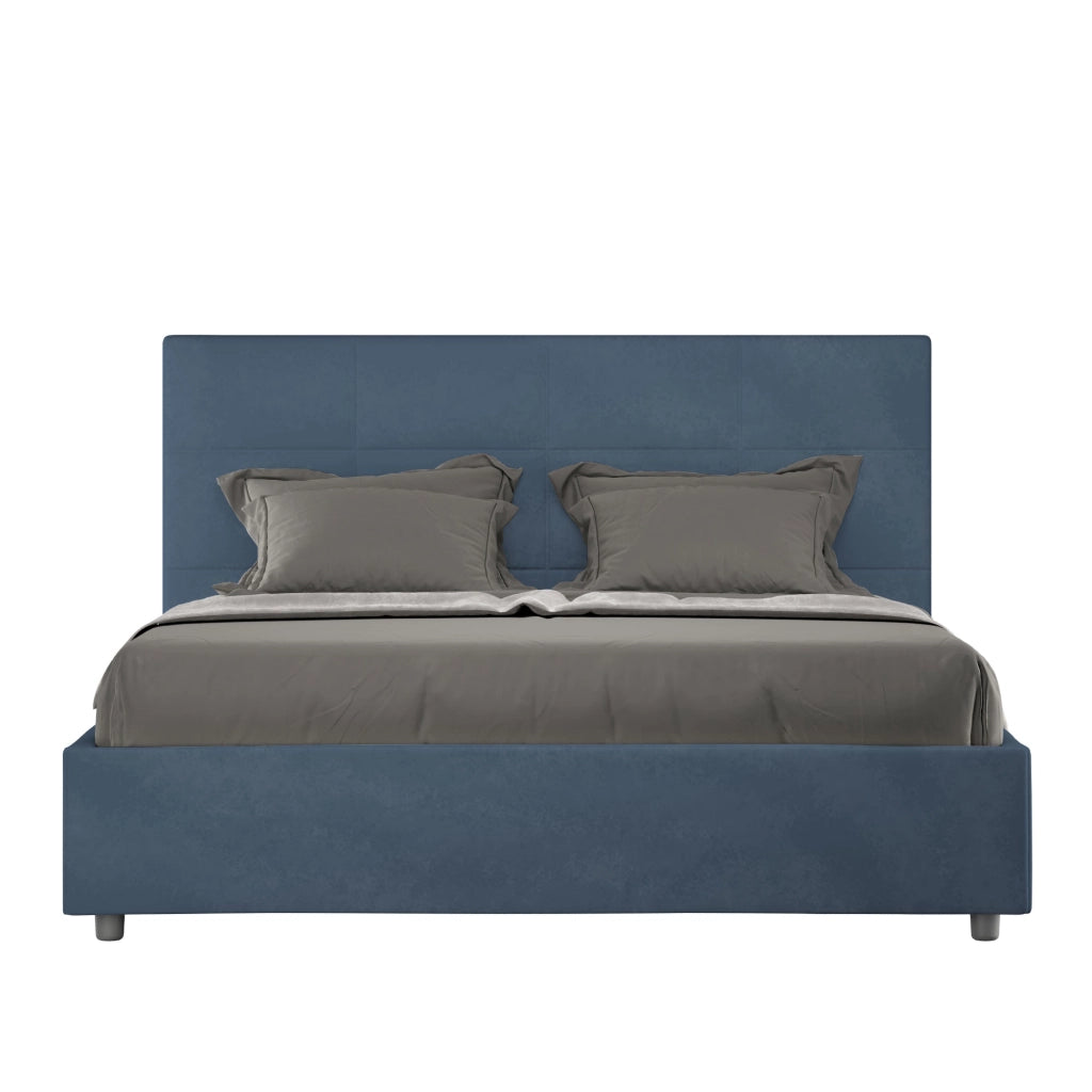 BS COM Letto queen size senza rete imbottito 150x210 microfibra blu