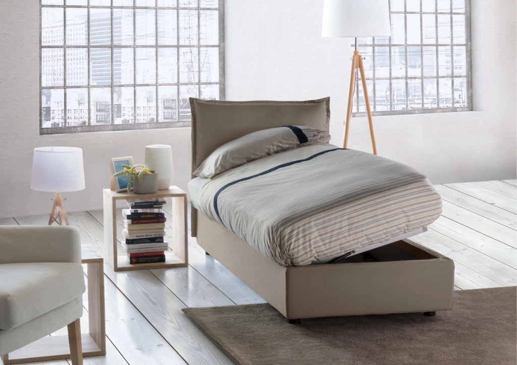 Letto singolo Aren, Letto contenitore con rivestimento in tessuto, Made in Italy, Apertura laterale, con materasso cm 80x190 incluso, Tortora