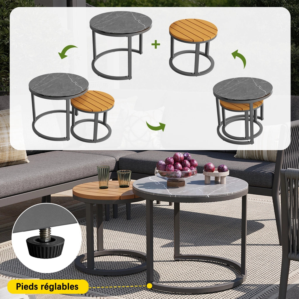 OKWISH Set da 6 Pezzi da Giardino con 2 Divani, 1 Poltrona, 1 Divano Angolare e 2 Tavoli, Metallo Olefin Grigio