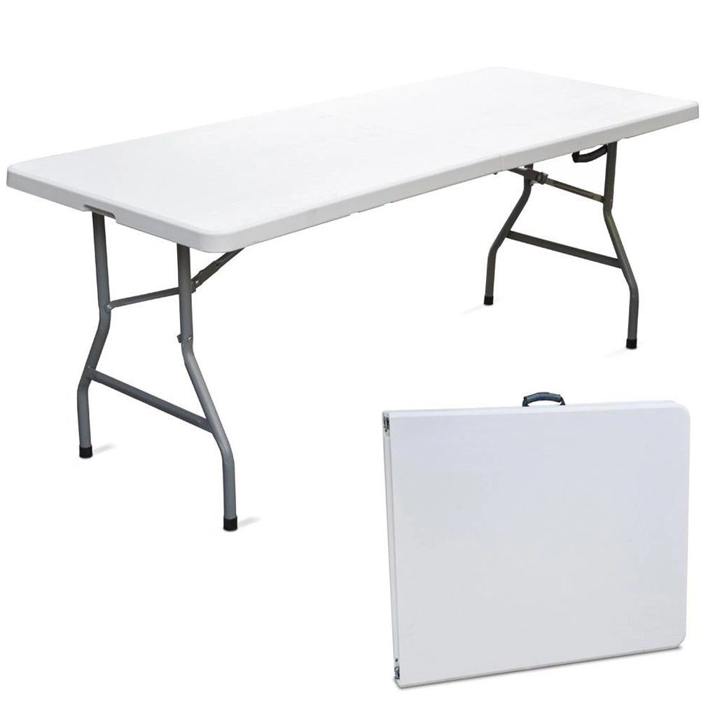 Tavolo Pieghevole in Resina HDPE 183x76 H74cm Richiudibile Salvaspazio Bianco