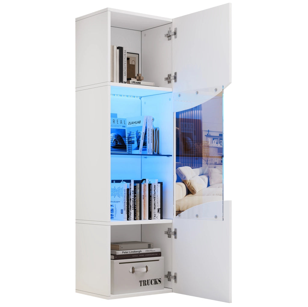 Vetrina 35x50x165 cm con illuminazione LED e 4 ripiani in legno e vetro bianco